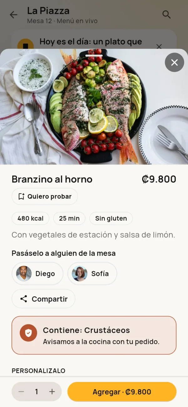 App de Noddle: menú con alergias marcadas